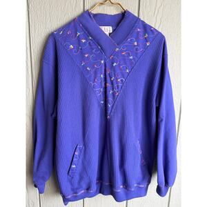 Vintage BLAST Embroidered Ribbed Pullover Sweatshirt XL Purple Floral V-Neck 90s